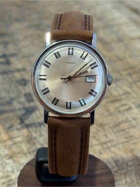 Vintage Timex Automatic Men’s Silver Dial Watch w/ NEW Brown Leather Band